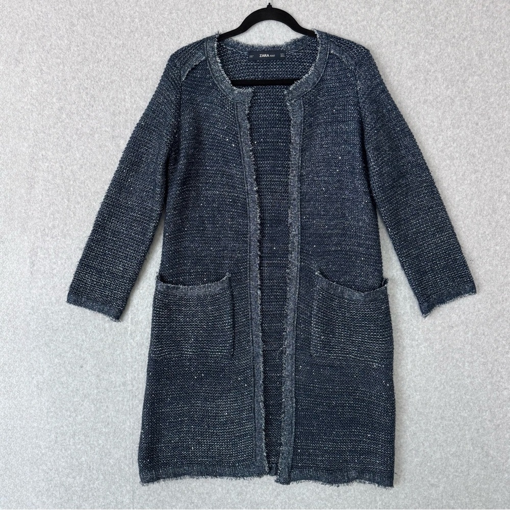 ZARA Cardigan Sweater Coat Long Line Open Front Belt Metallic Small Blue Silver